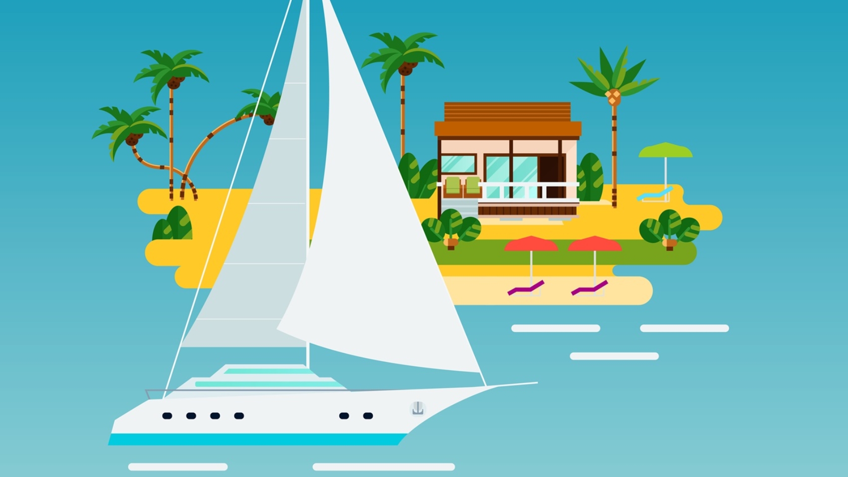 Tropical island vacation composition with flat images of ocean yacht and sand island with palms and house vector illustration